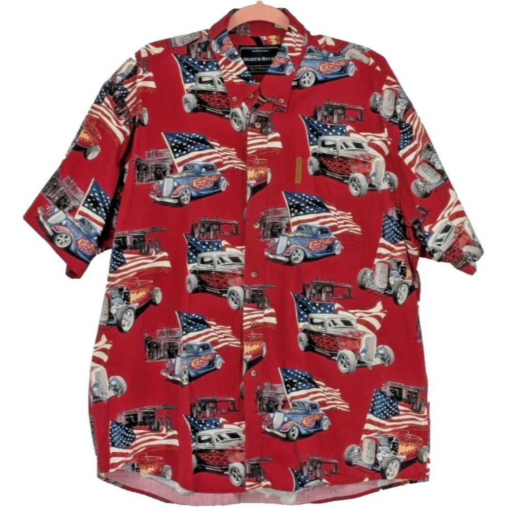 NORTH RIVER Mens Shirt SIZE XL Red Cotton Racing Jalopies Flags Flames Pit Stops
